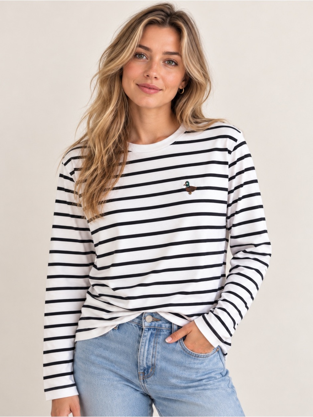 Denim & Flower Women’s L Navy White Stripe Cotton Long Sleeve Duck Logo